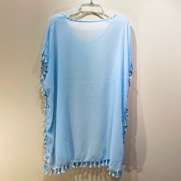🌟2xHP🌟NWOT Blue Chiffon Pom Pom Tunic Boho Coverup - Picture 7 of 10